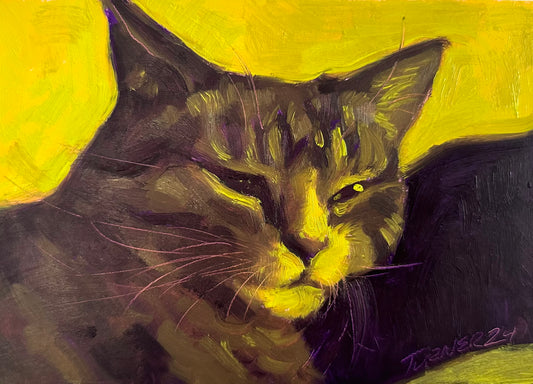 Pokie in Chartreuse and Violet - 5 x 7 inch original oil painting on panel