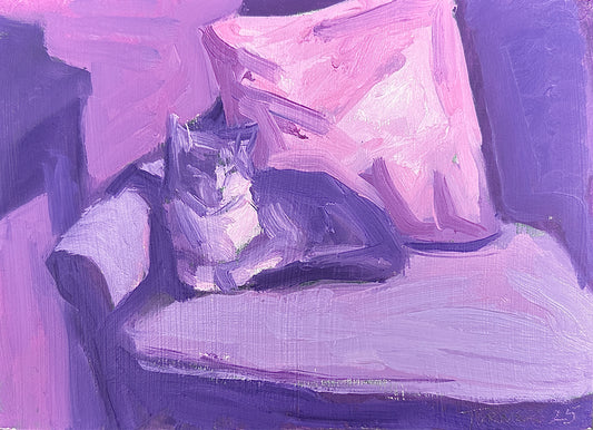 Pokie in the Chair - 5 x 7 inch original oil painting on panel