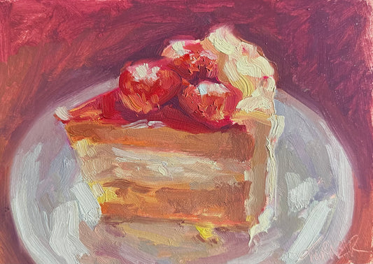 Strawberry Cake Slice - 5 x 7 inch original oil painting on panel