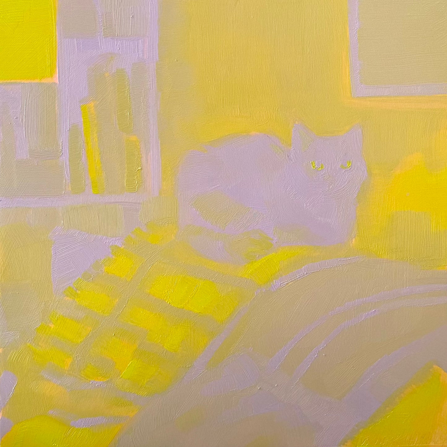 Tina in Chartreuse and Pale Violet - 8 x 8 inch original oil painting on panel
