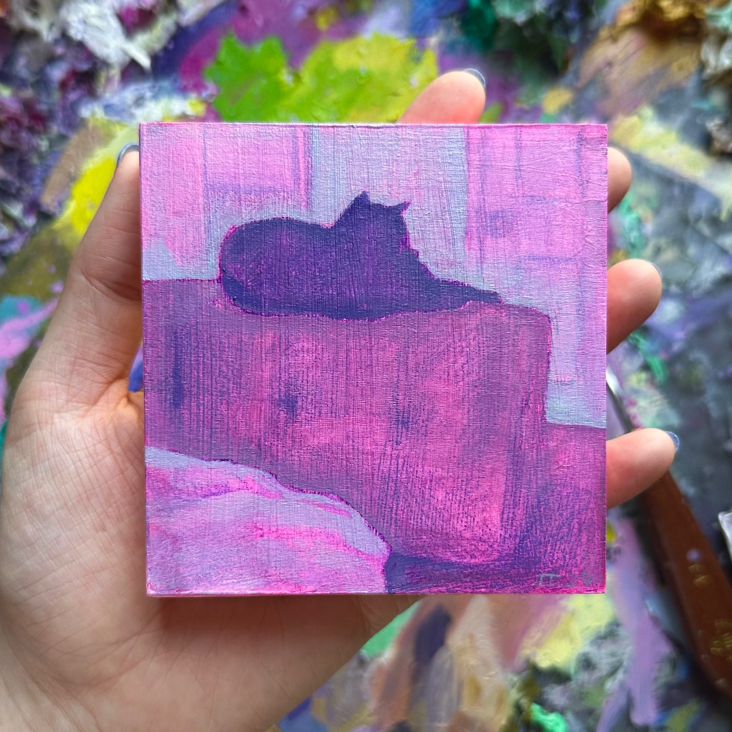 Tina on the Back of the Couch - original 4 x 4 inch oil on wood panel