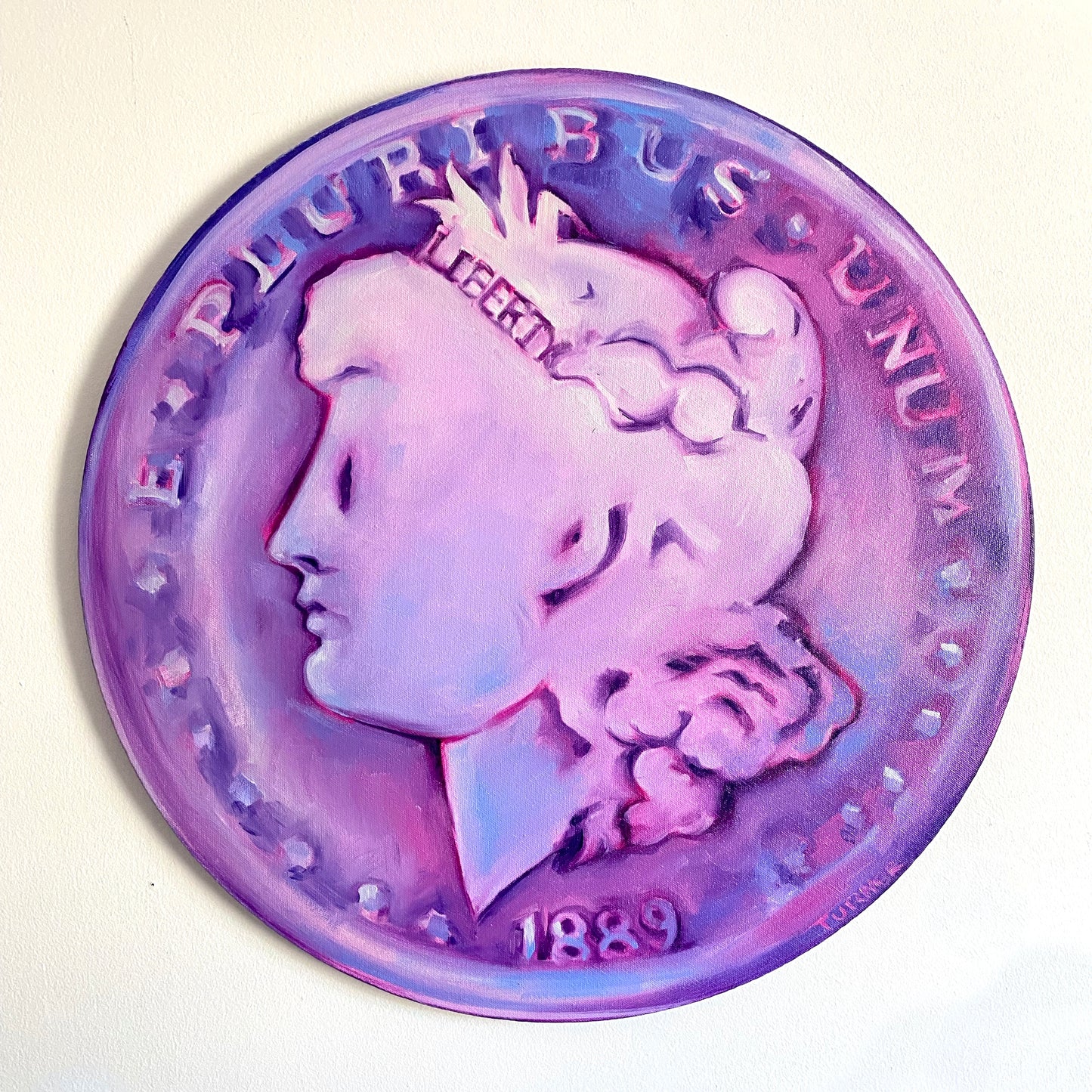 Morgan Dollar - original 20 inch oil painting on circular canvas