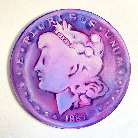 Morgan Dollar - original 20 inch oil painting on circular canvas