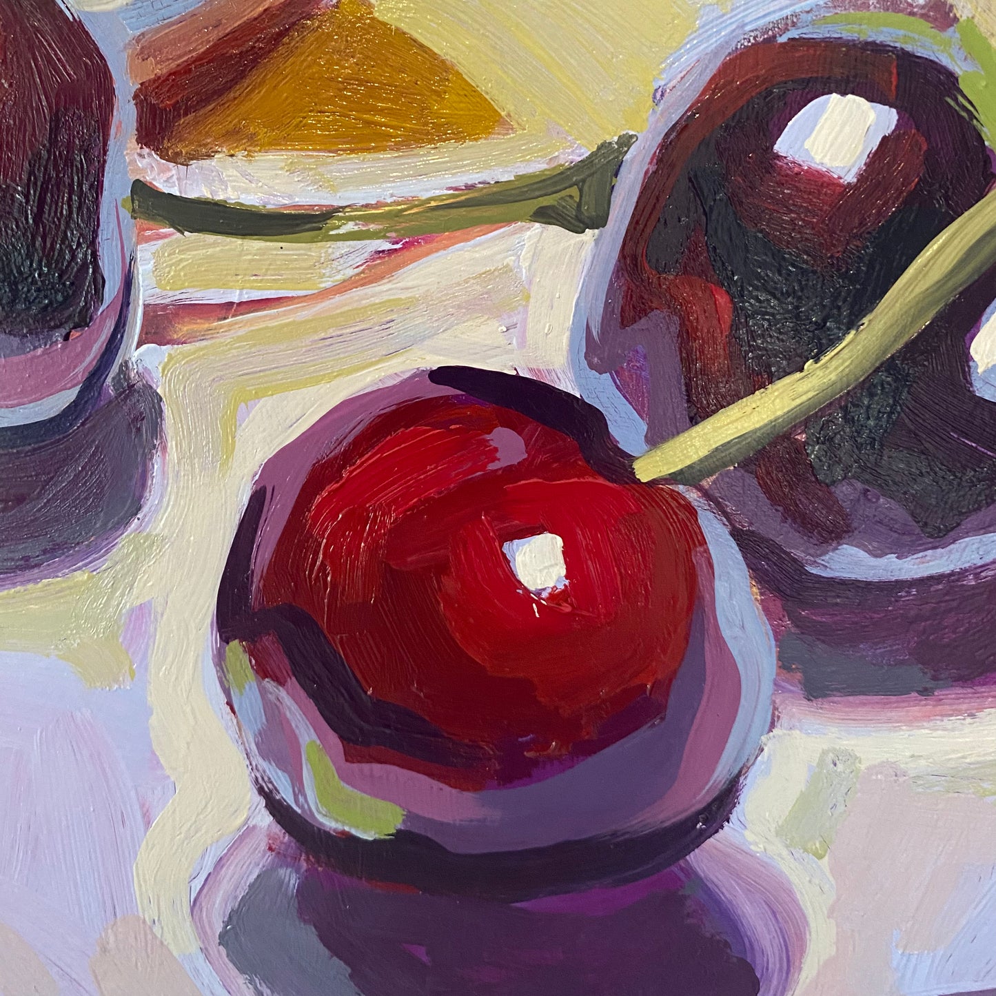 Lemon and Cherries, 12 x 16 inch oil on wood panel