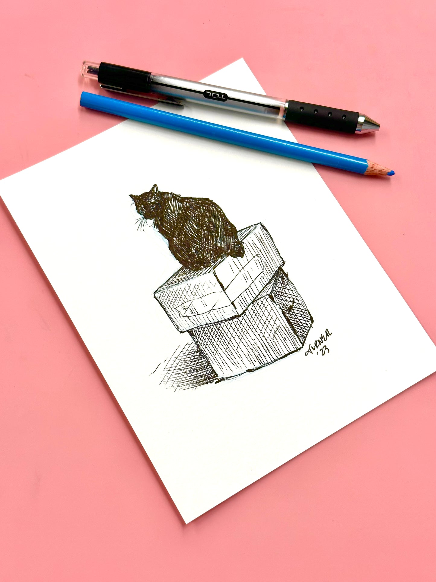 A Place to Put My Tail, original 5 x 7 inch ink drawing