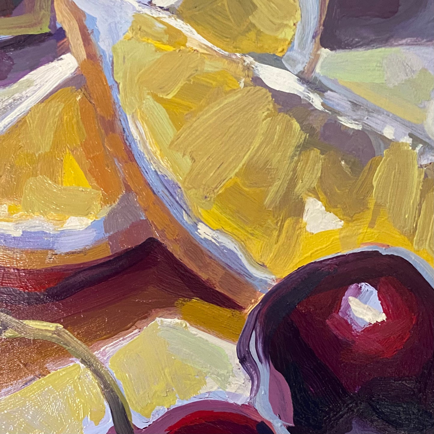 Lemon and Cherries, 12 x 16 inch oil on wood panel
