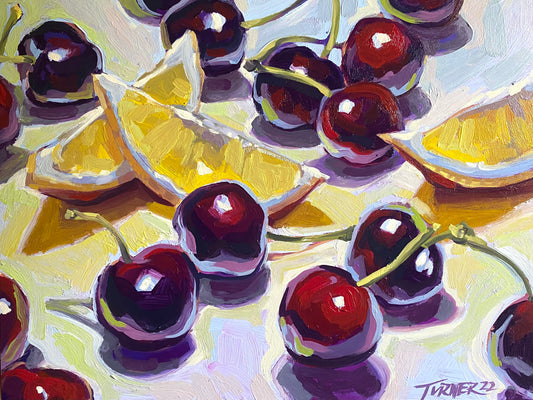 Lemon and Cherries, 12 x 16 inch oil on wood panel