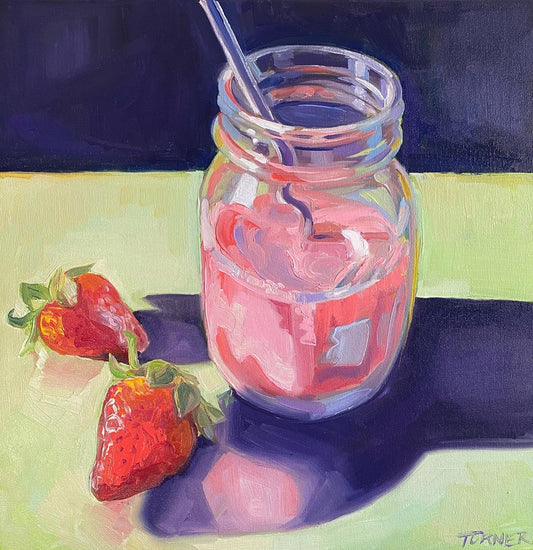 Strawberry Milk, original 16 x 16 inch oil painting on canvas
